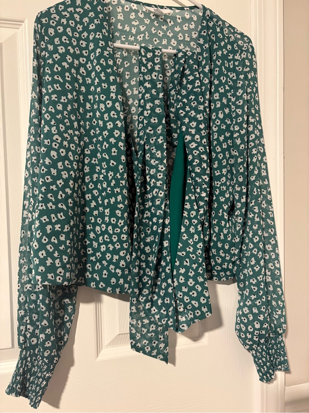 Bar III Teal Floral Tie-Neck Blouse